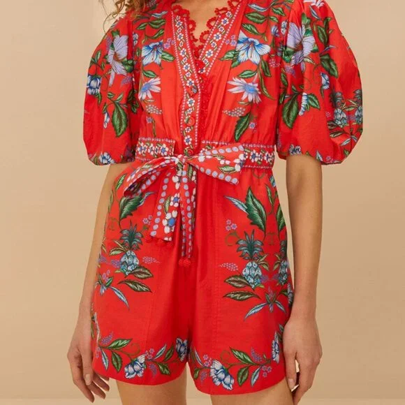 FARM RIO Red Sweet Bloom Bouquet Romper - Picture 1 of 5